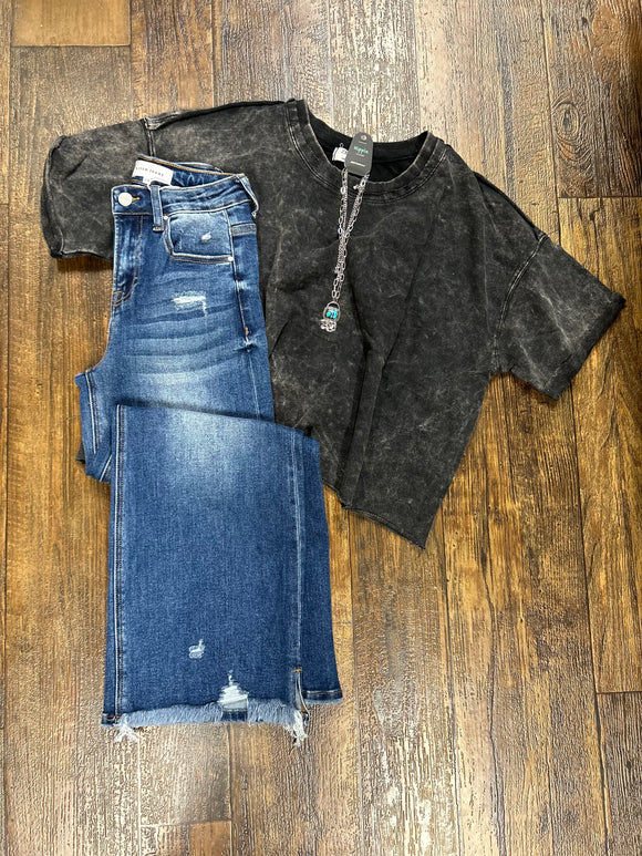 Black Acid Washed Crop Tee