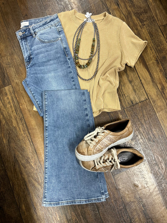 Mustard Ribbed Long Crop Tee