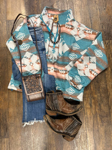 Teal Mix Aztec Woven Pullover