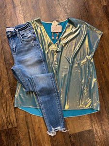 Blue Chrome Shiny V Neck Top*