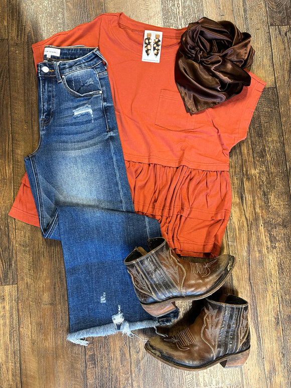 Rust Pocket Ruffle Tee*