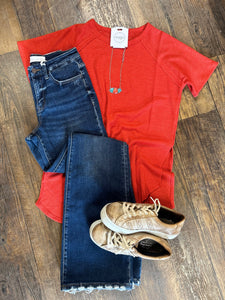 Waffle Knits Tomato Red Basic Top*