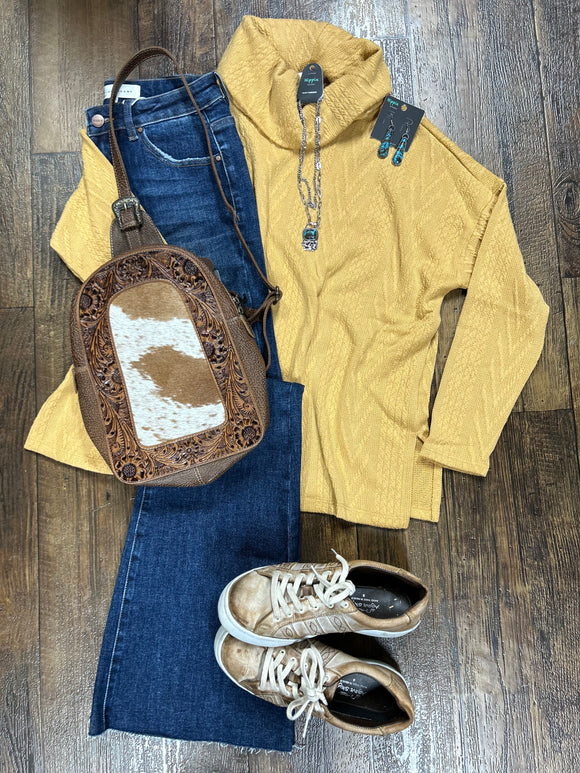 Mustard Textured Knit Mock Neck Top