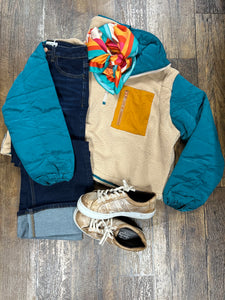 Fleece Quilted Puffer Sleeve Pull Over - Teal Combo