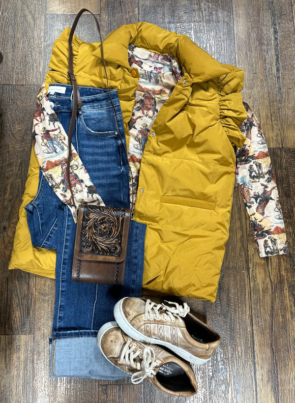 Mustard Ruffle Sleeve Puffer Vest