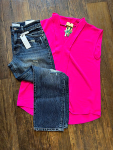 Hot Pink V Neck Basic Top*