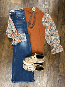 Brown Mock Neck Top with Fall Floral Sleeve