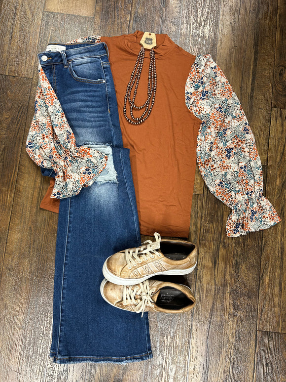 Brown Mock Neck Top with Fall Floral Sleeve